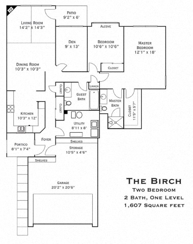 Floor plan for 2 beds, 2 baths, 1607 sqft